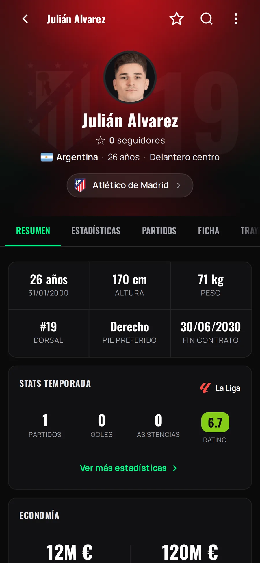 Ficha de jugador con valor de mercado