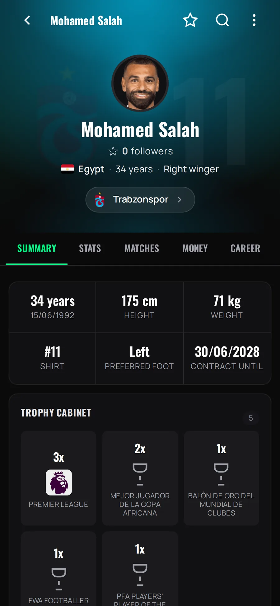 Player profile with market value