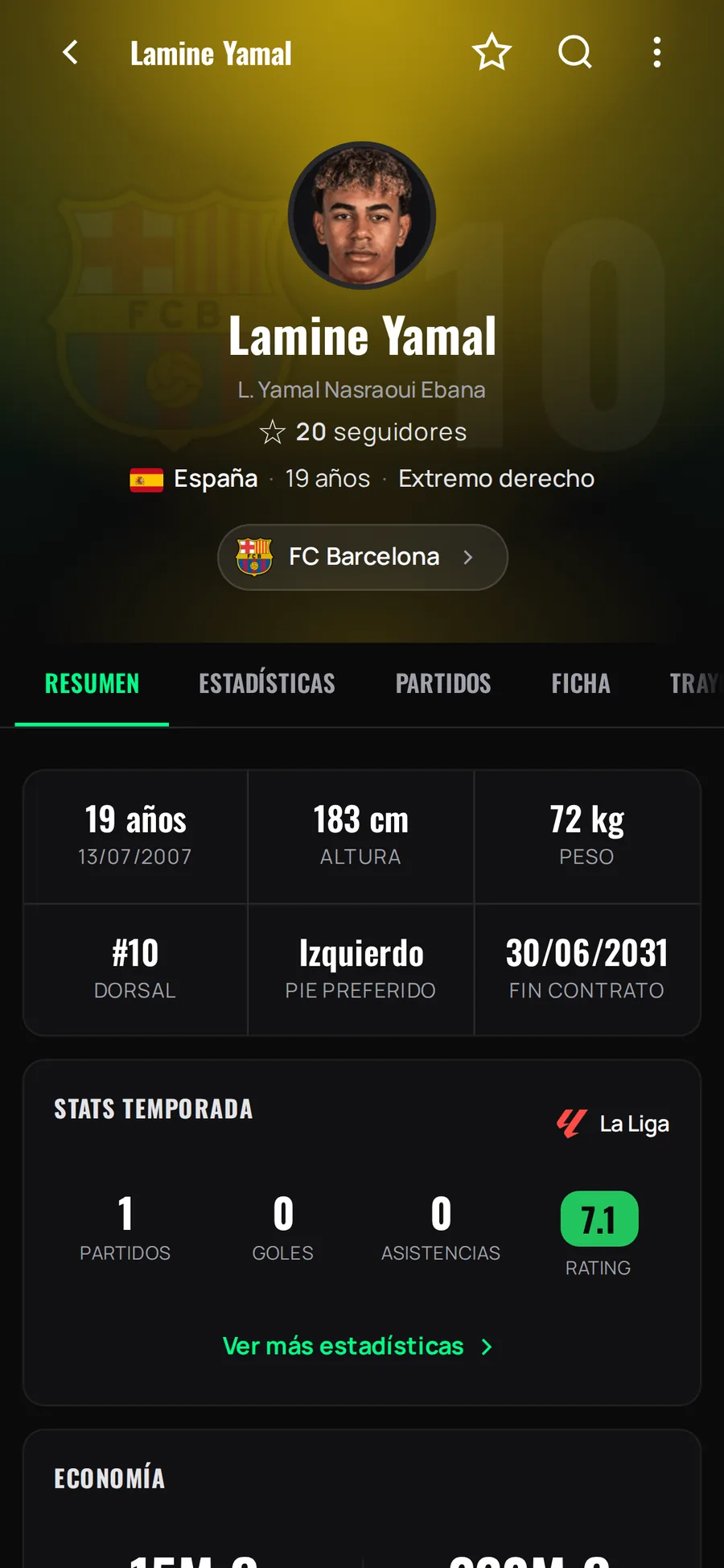 Ficha de jugador con valor de mercado