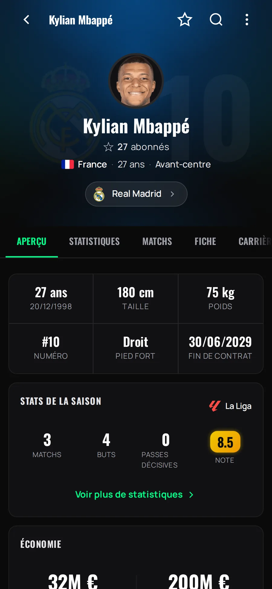 Fiche de joueur avec valeur marchande